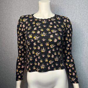 White Fawn Tillys Tee Shirt Black Floral Long Sleeve Cropped Stretch Juniors Med